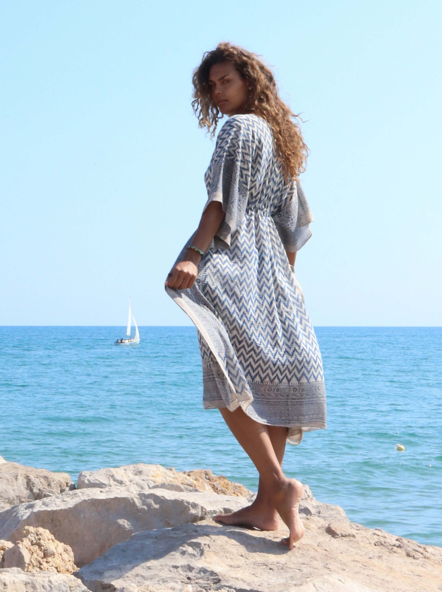 Caftan azul de algodón con Impresión en Madera Tradicional