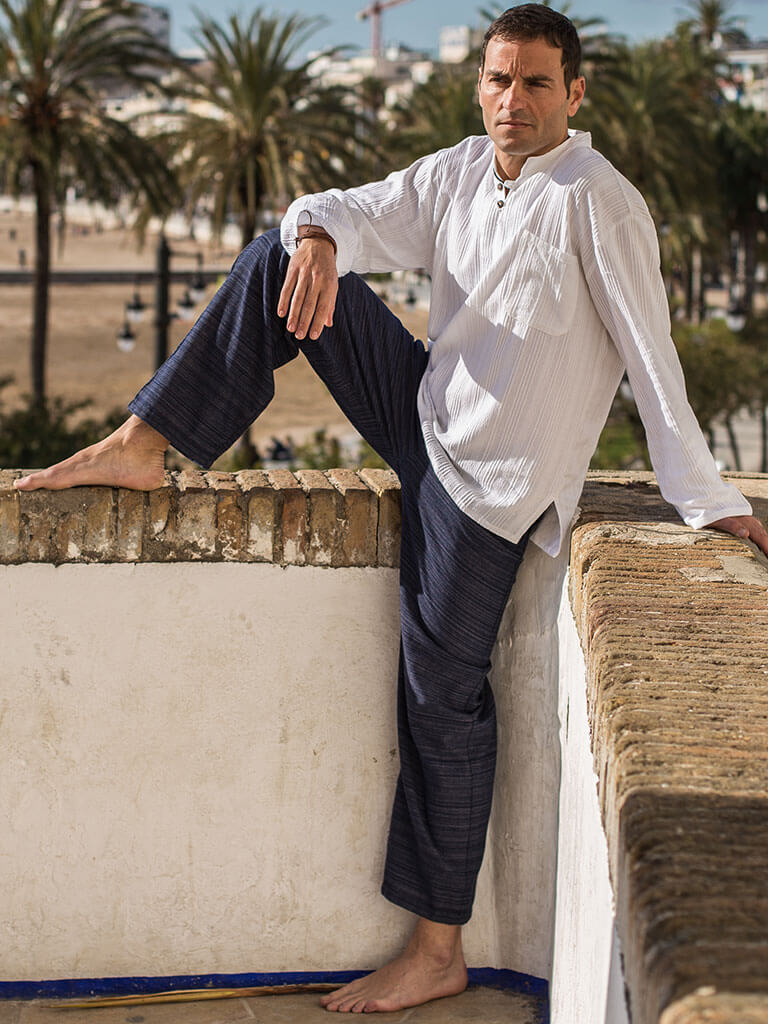 Pantalones Azul Oscuro de algodón con cordón y patrón de línea