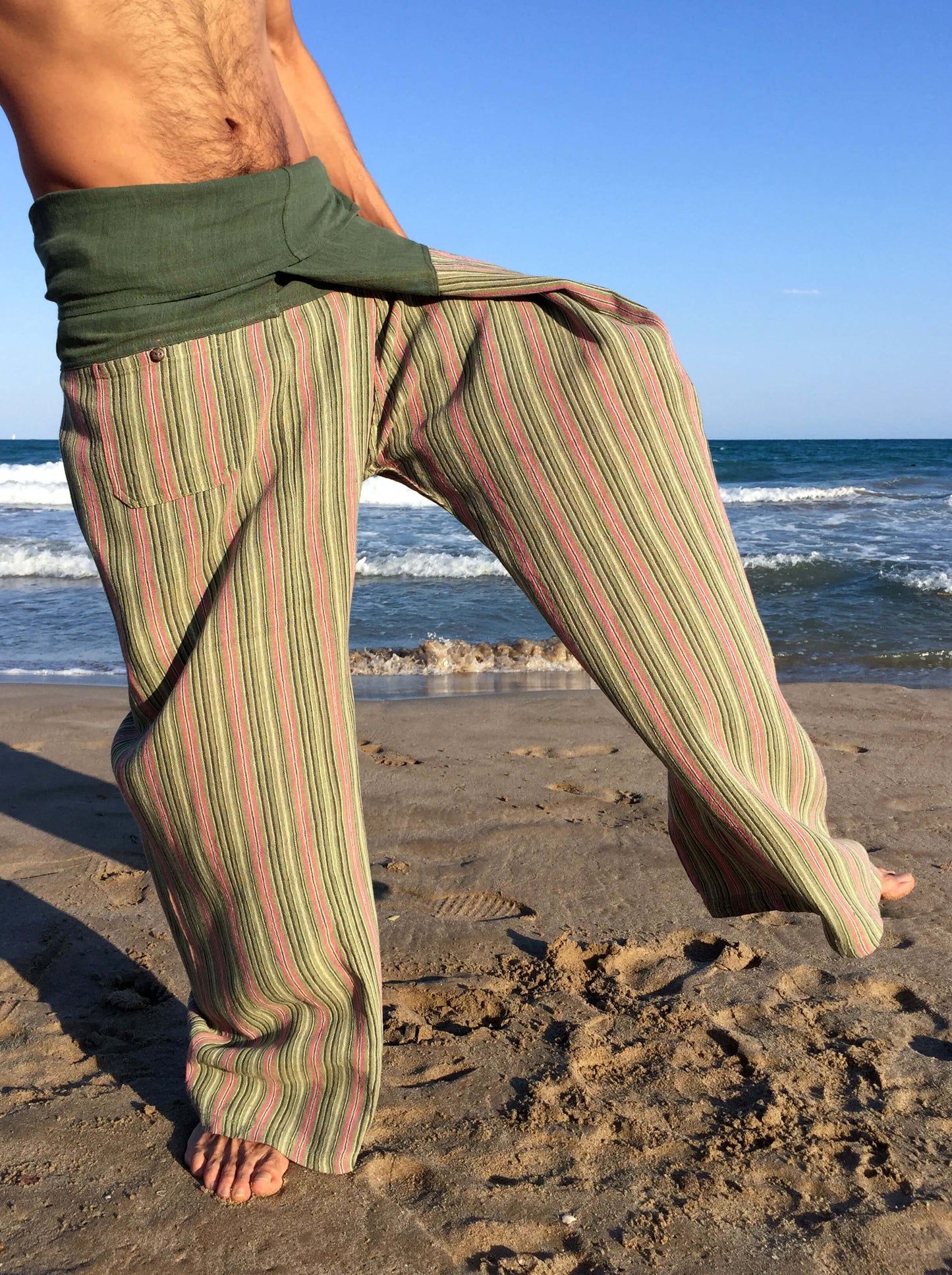 Pantalones con rayas Tailandeses de algodón crudo color verde
