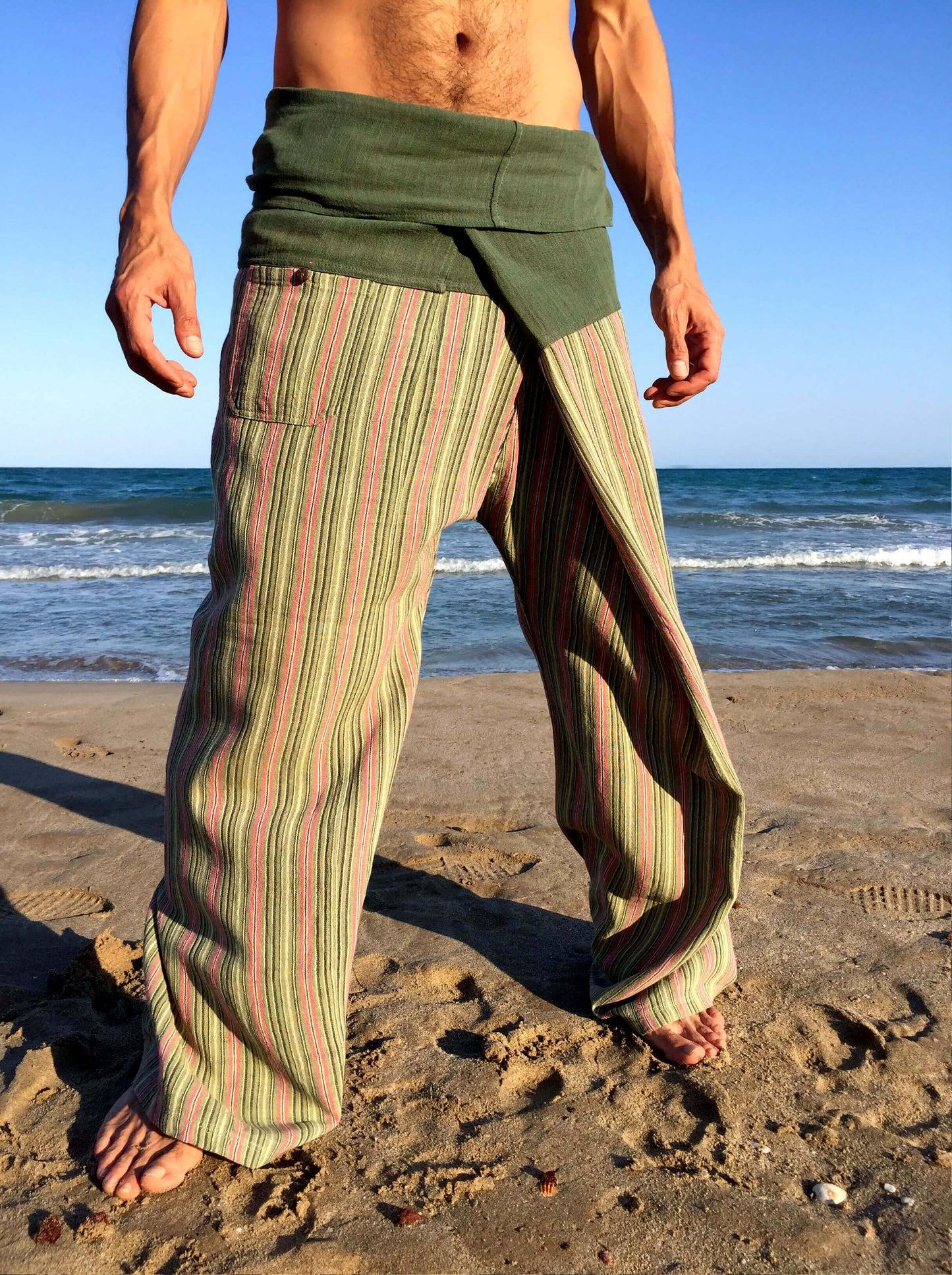 Pantalones con rayas Tailandeses de algodón crudo color verde