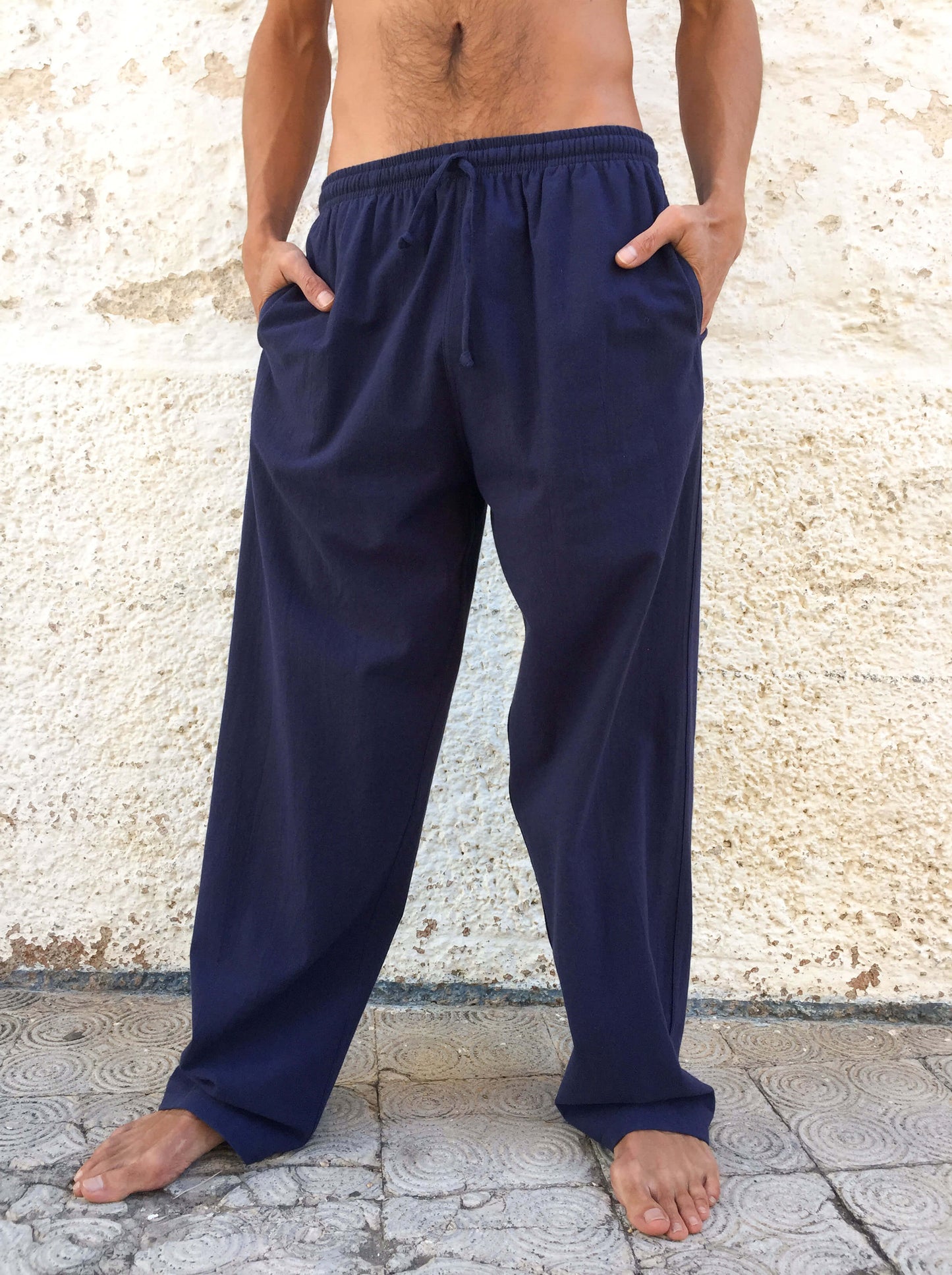Pantalones de algodón con cordón azul marino