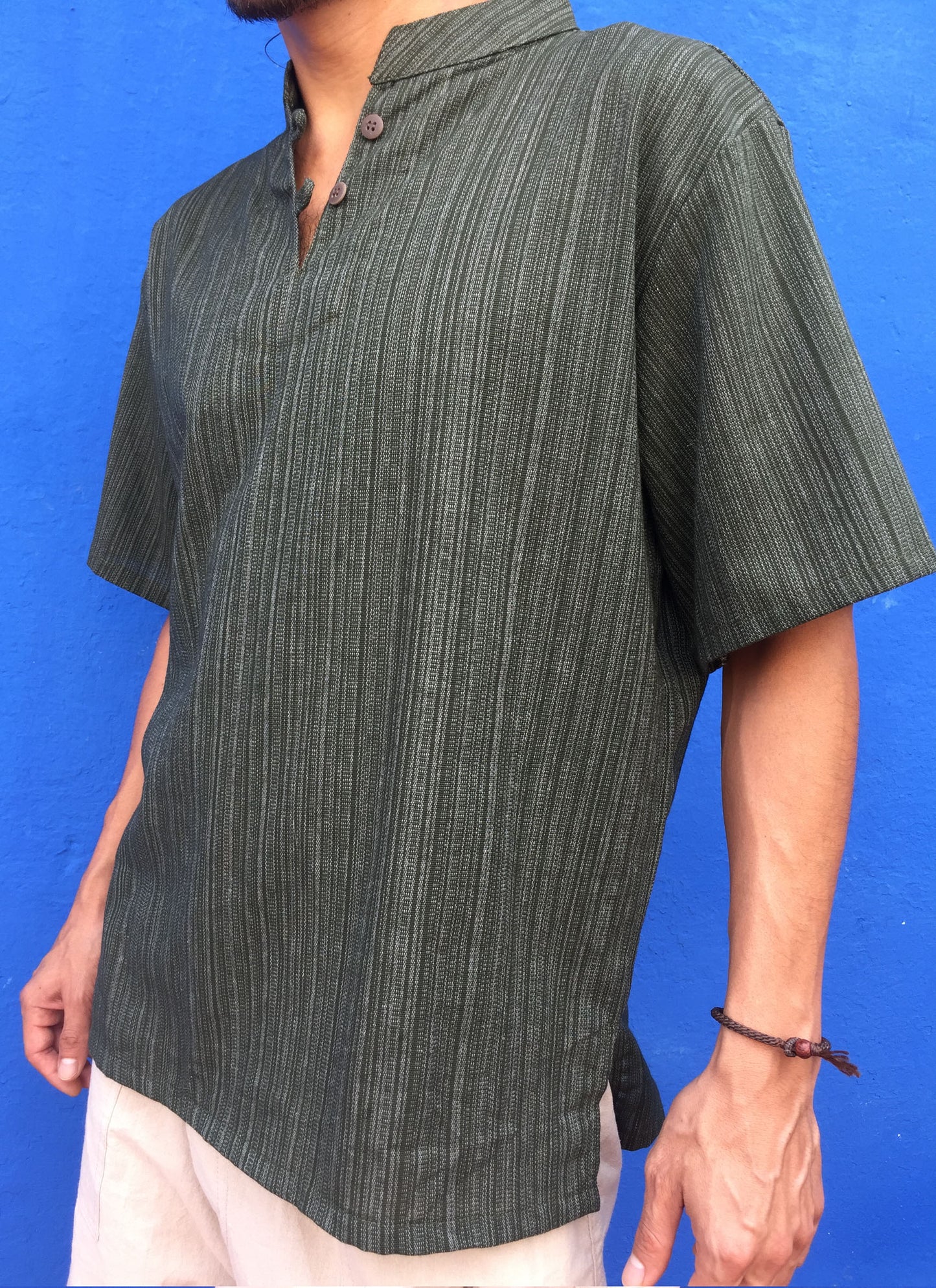 Camisa de algodón de manga corta línea patrón Verde