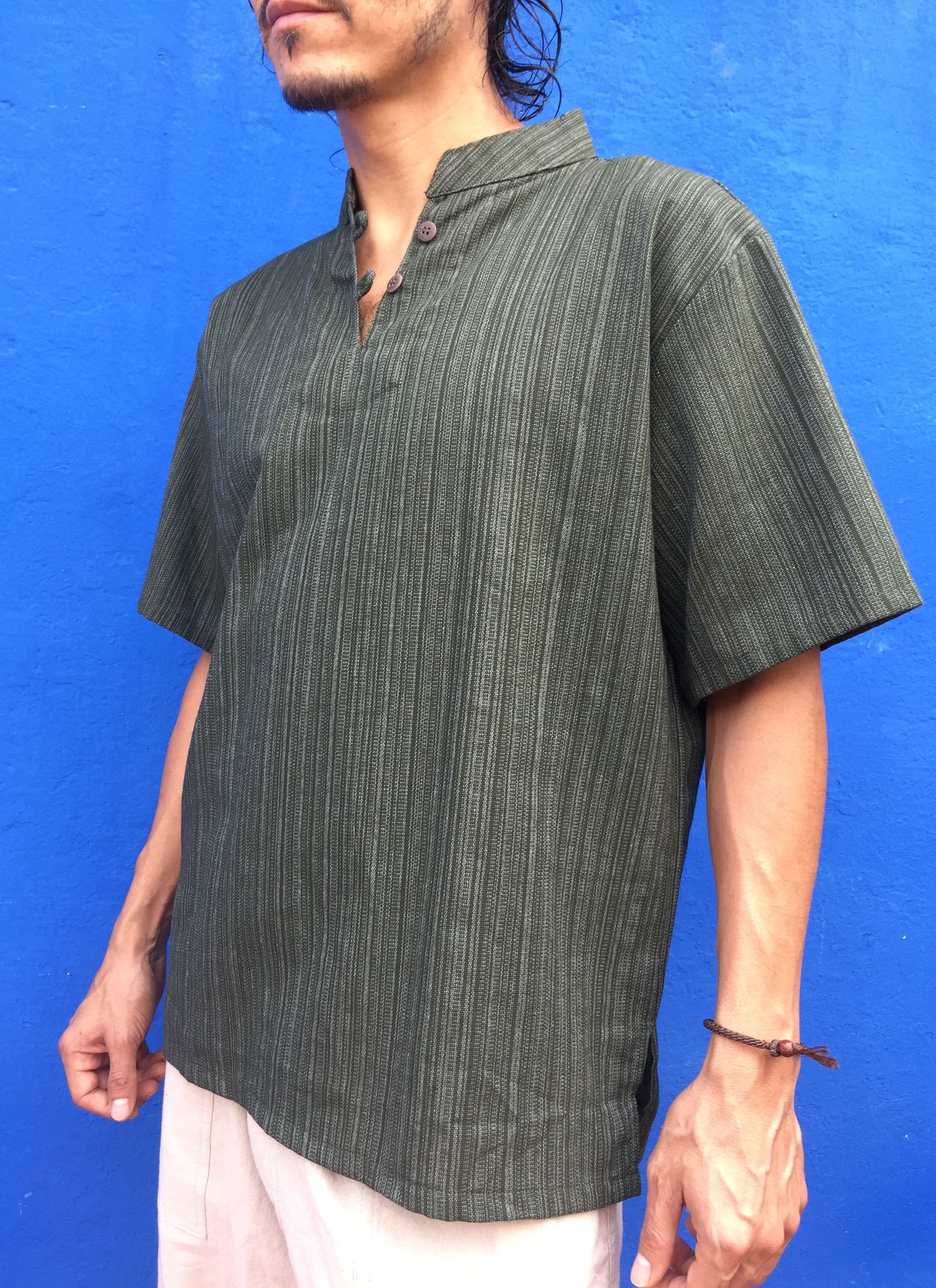 Camisa de algodón de manga corta línea patrón Verde