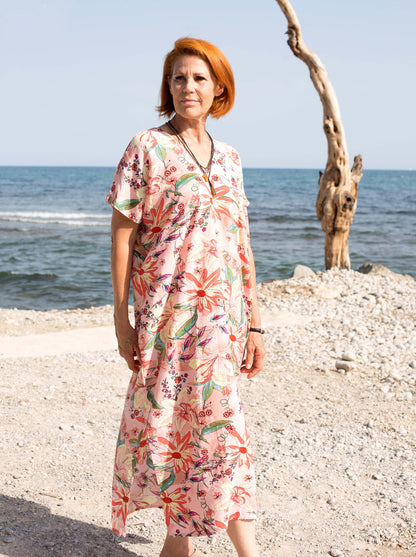 Vestido Caftán con estampado floral rosa melocotón